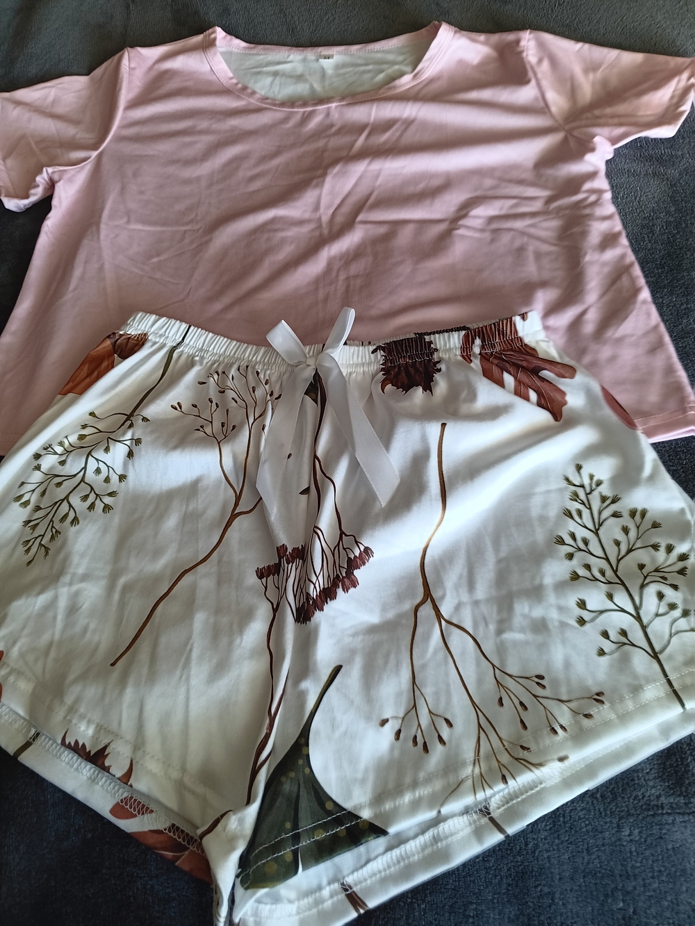Pink Short Sleeve Top with White Botanical Print Shorts 2pc Set